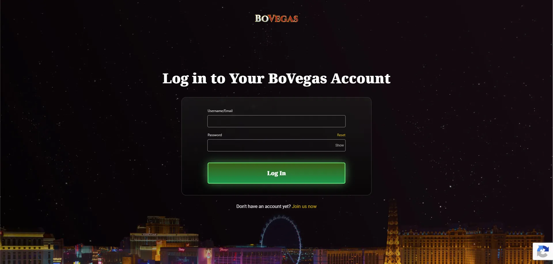 Bovegas Casino login page — secure account access portal